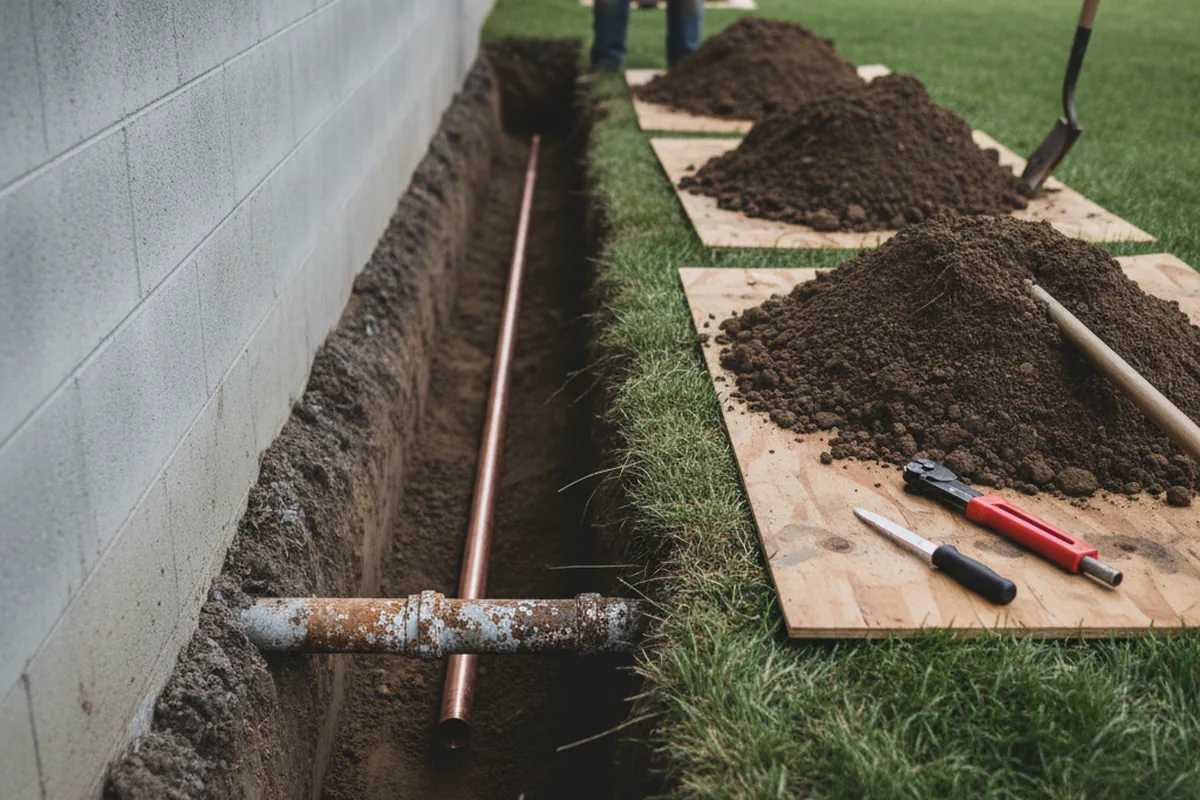 Excavated water line trench during Water Heater Repair in Jewett